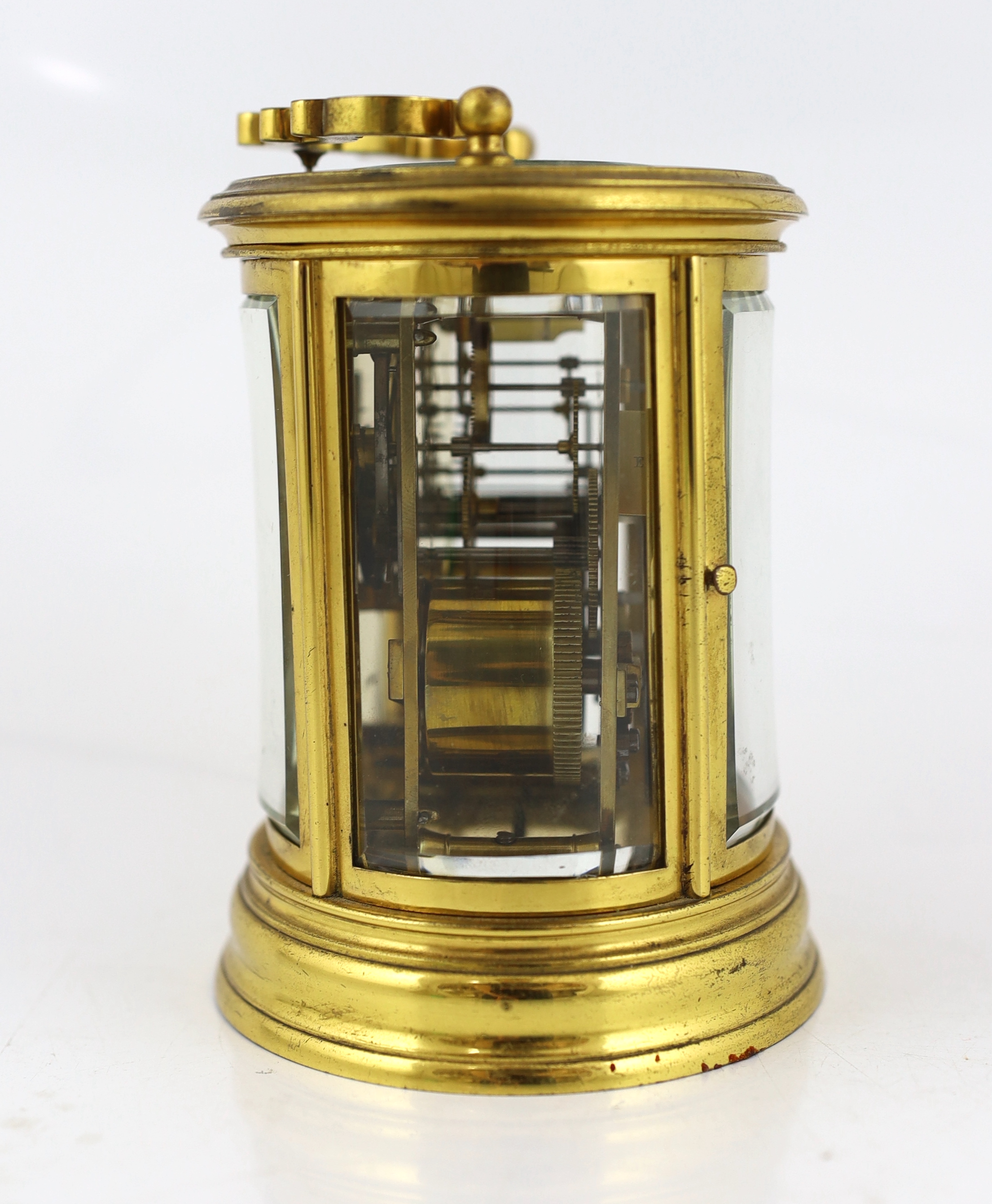 A late 19th century French brass oval cased eight day hour repeating carriage clock, by Henri Marc, 13.5cm high, Please note this lot attracts an additional import tax of 5% on the hammer price